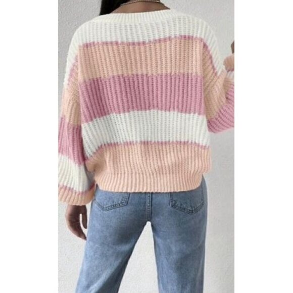 Round Neck  Color Block Drop Shoulder Sweater - Picture 3 of 5